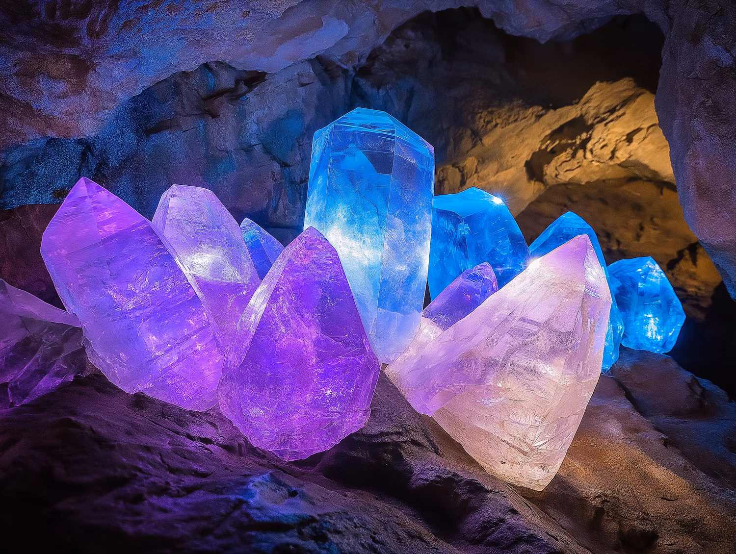 Illuminated Crystal Formation in Cave